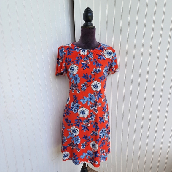 Tommy Hilfiger Women’s Orange Blue Floral Cap Sleeve Dress Stretch Sz 2 - Picture 1 of 11